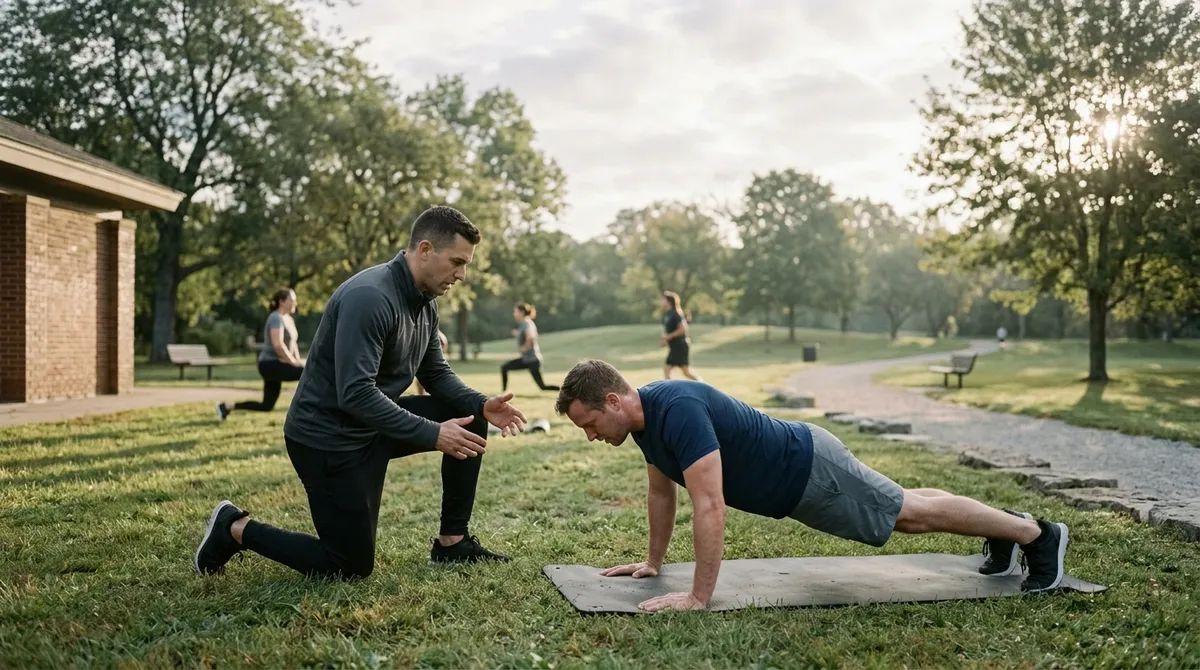 Coach sportif en séance de bootcamp en extérieur